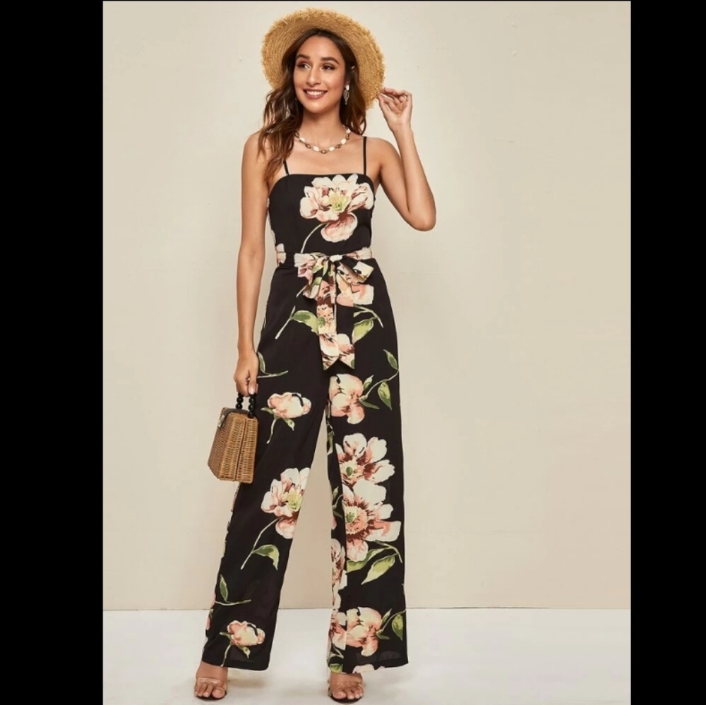 Black Floral Wide Leg Spaghetti Strap Jumpsuit - Picture 2 of 6